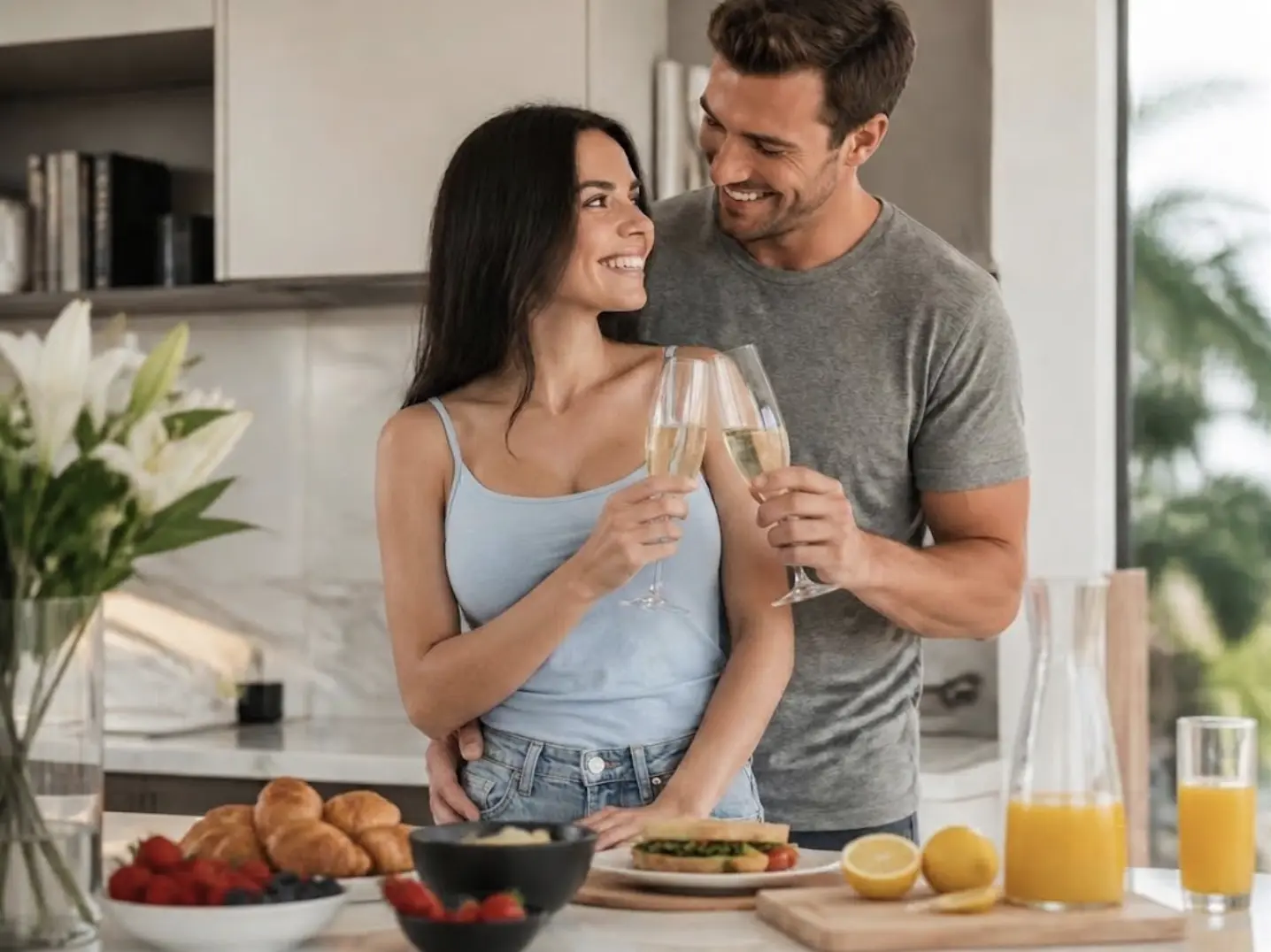 Happy couple enjoying breakfast together